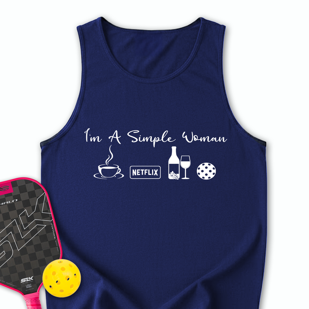 I'm A Simple Woman Coffee, Netflix, Wine, Pickleball Tank Top - Picklechillz