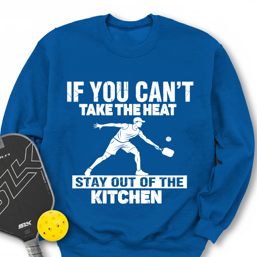 Blue sweatshirt with pickleball-themed text and graphics on a white background