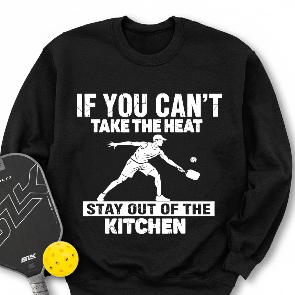 Black sweatshirt with pickleball graphic and text on a white background