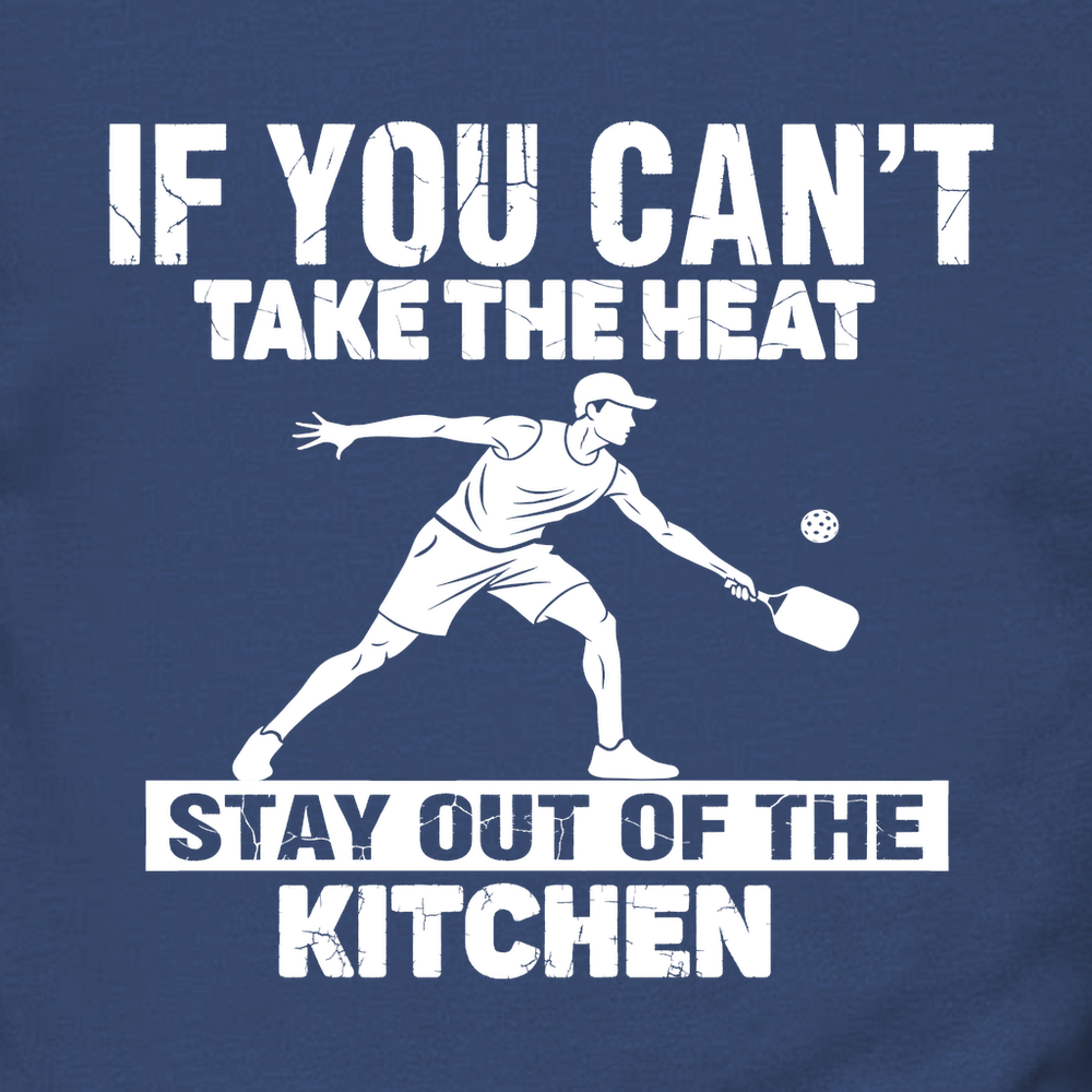 Blue sweatshirt with pickleball graphic and text, next to a pickleball paddle and ball.