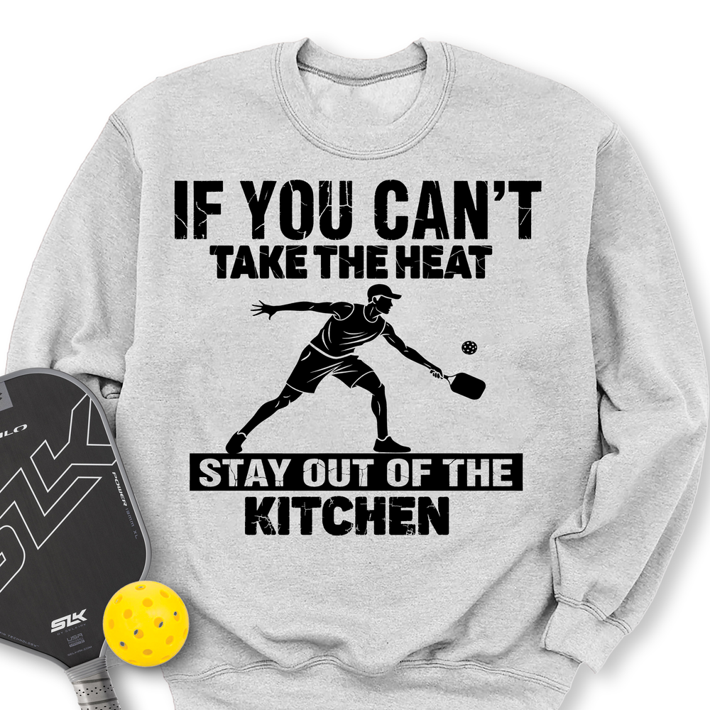 Gray sweatshirt with pickleball-themed graphic and text on a white background