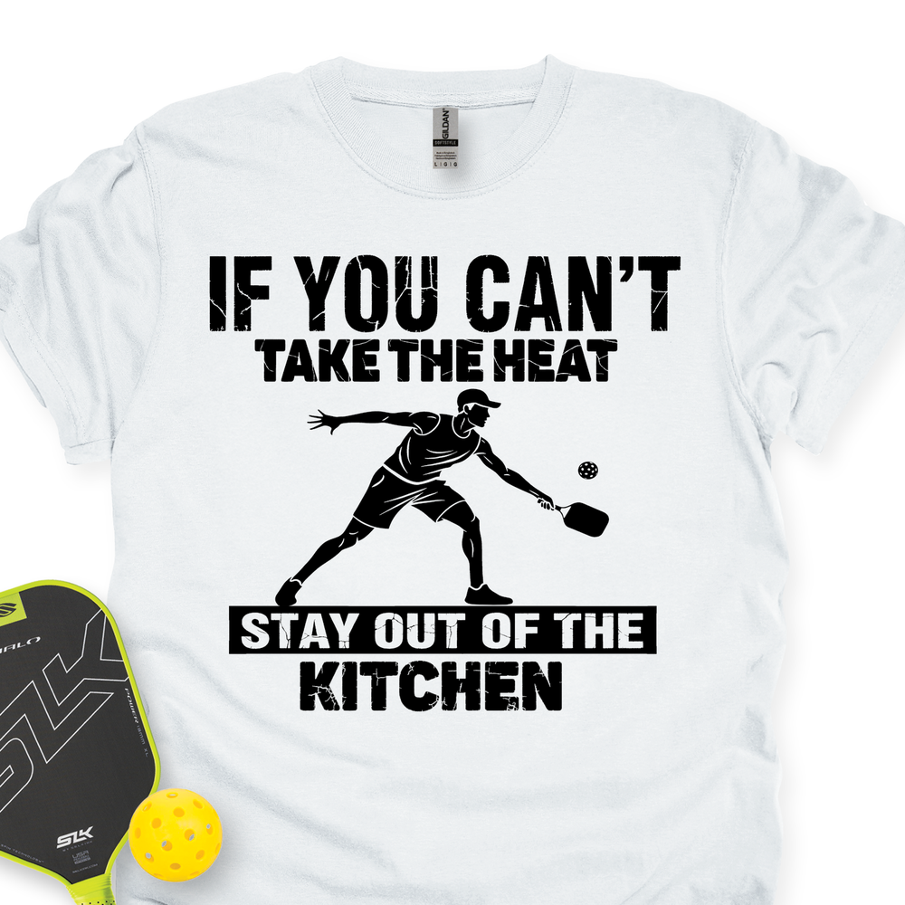 White t-shirt with pickleball graphic and text on a white background