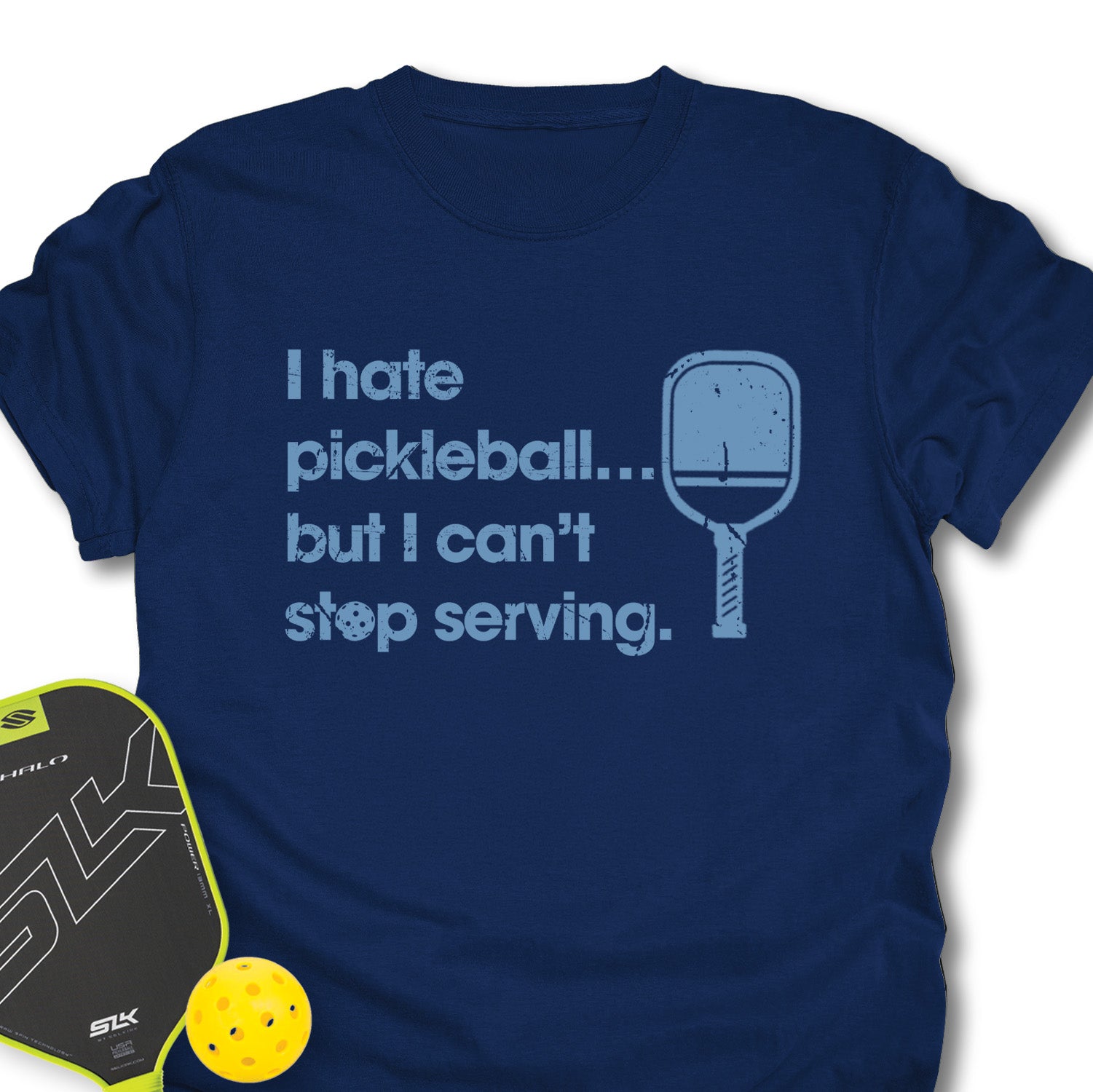 Navy blue t-shirt with pickleball-themed text and graphics, including a paddle and ball, on a white background.