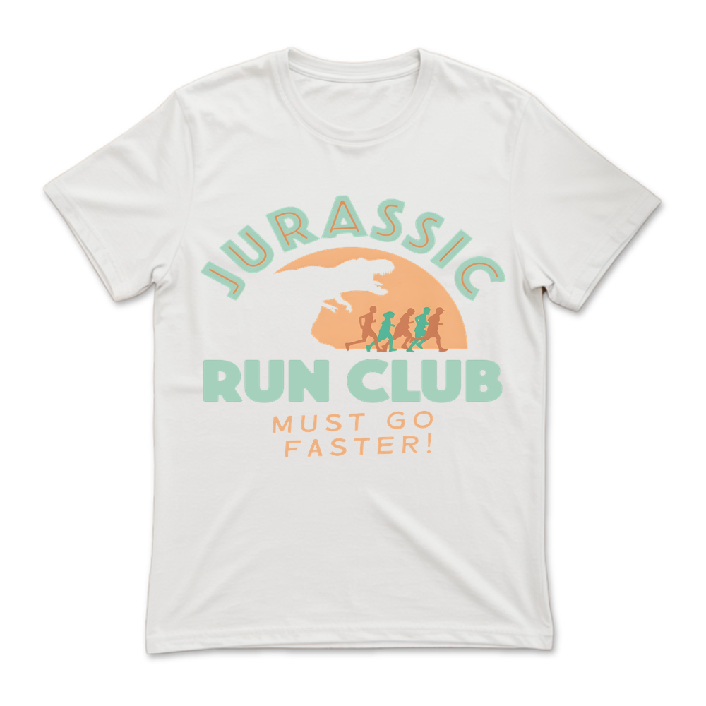 White t-shirt with 'Jurassic Run Club' graphic and text on a white background