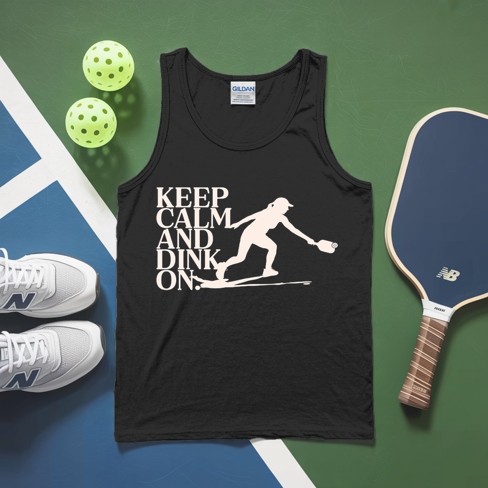 Black tank top with 'Keep Calm and Dink On' graphic on a green and blue background with pickleball equipment.