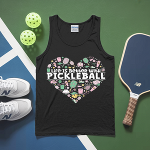 Black tank top with pickleball-themed design on a green and blue background with pickleballs and a paddle.