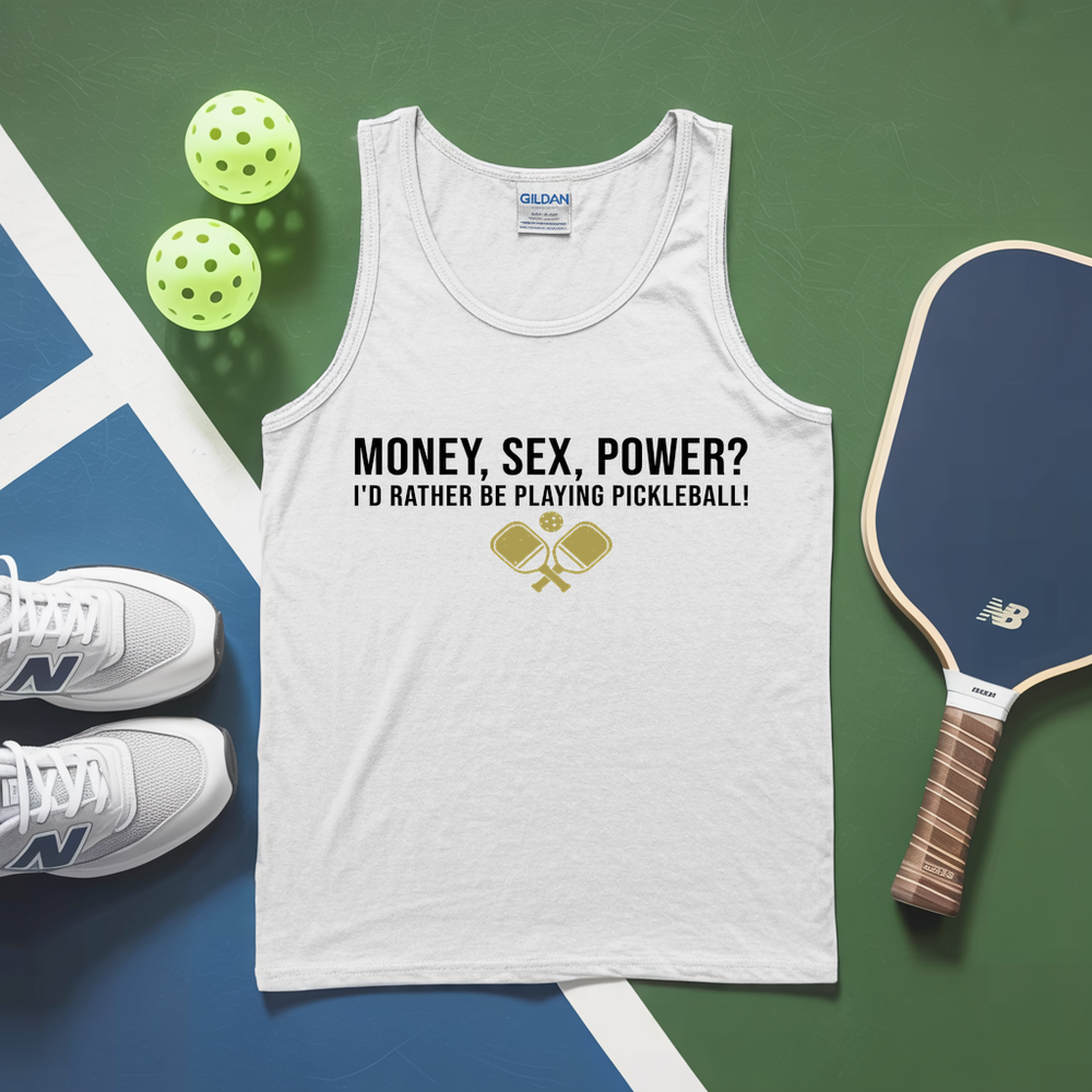 White tank top with pickleball-themed text, pickleballs, and paddle on a green and blue background