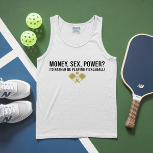 White tank top with pickleball-themed text, pickleballs, and paddle on a green and blue background
