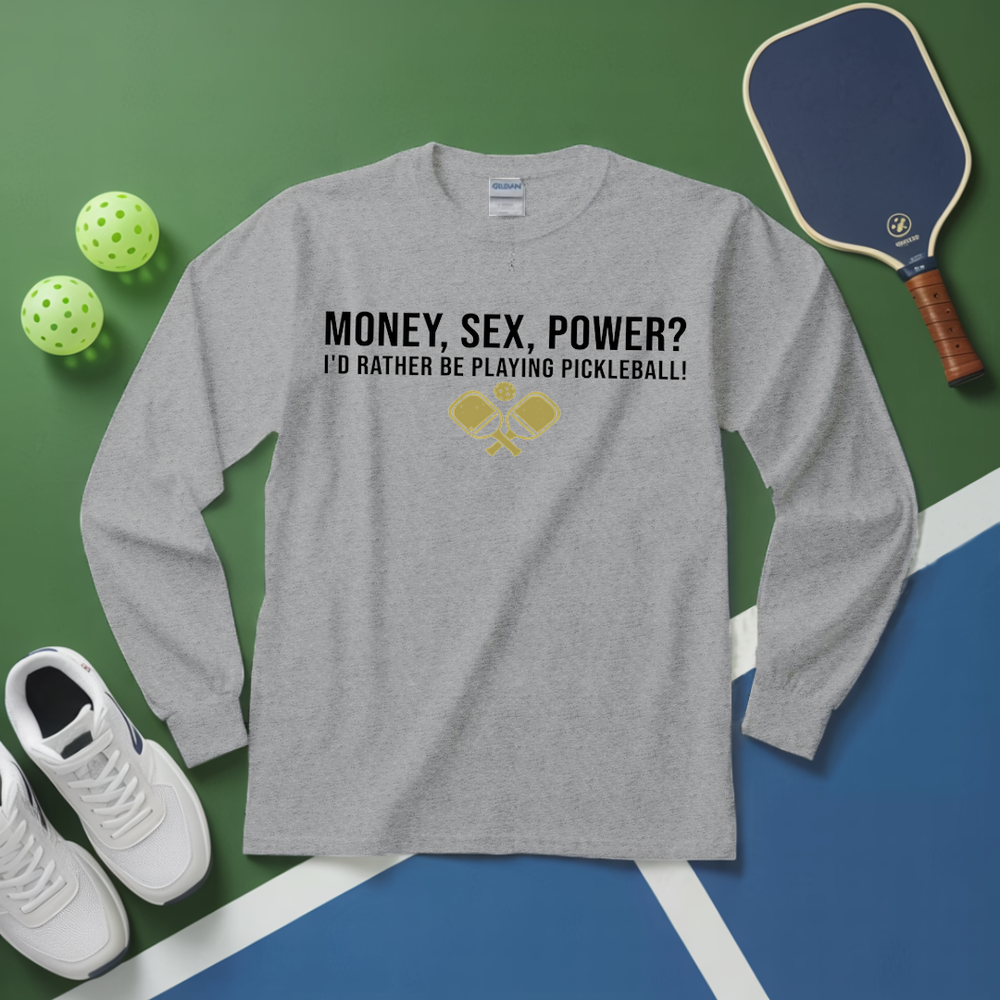 Gray long-sleeve shirt with pickleball-themed text and graphics on a green and blue background with pickleball equipment.