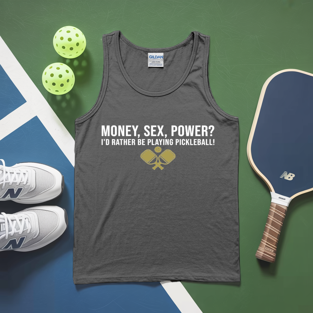 Gray tank top with humorous pickleball text, pickleballs, and paddle on a green and blue surface