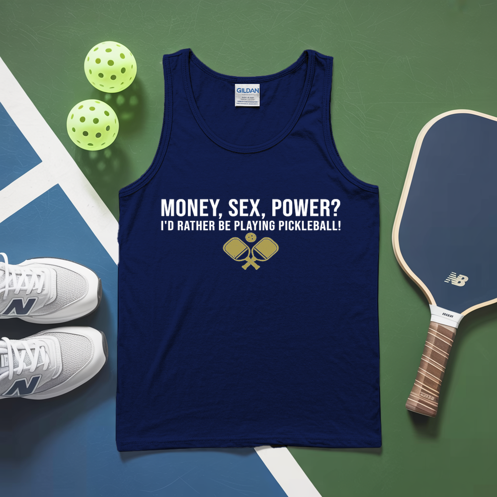 Navy tank top with pickleball-themed text on a green and blue surface with pickleballs and a paddle.