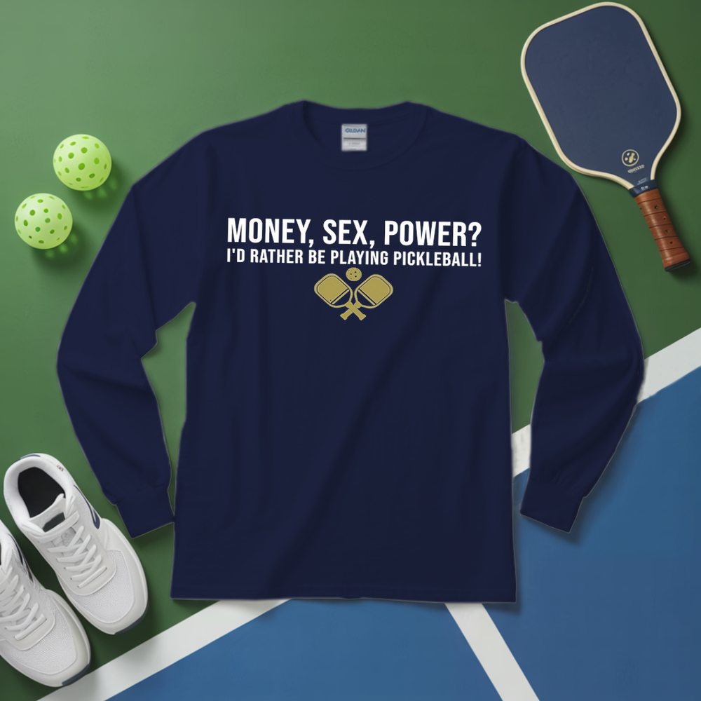 Navy blue sweatshirt with pickleball-themed text and graphics on a green and blue background with pickleball equipment.