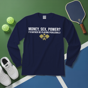 Navy blue sweatshirt with pickleball-themed text and graphics on a green and blue background with pickleball equipment.
