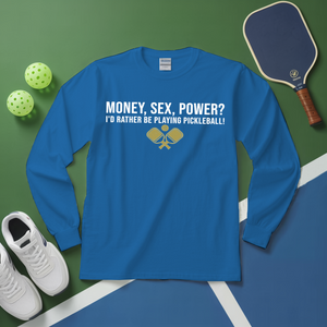 Blue long-sleeve shirt with pickleball-themed text and graphics on a green and blue background with pickleballs and a paddle.