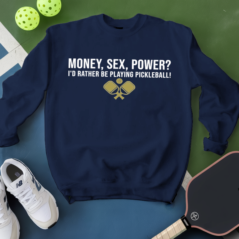 Navy blue sweatshirt with pickleball-themed text and graphics on a green and blue background.
