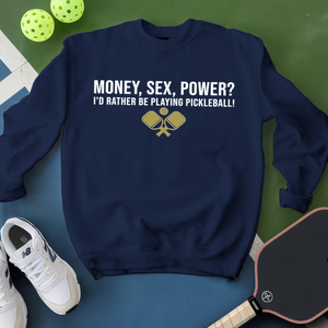 Navy blue sweatshirt with pickleball-themed text and graphics on a green and blue background.