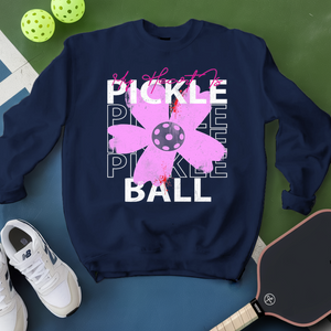 Navy blue sweatshirt with pink pickleball design on a green and blue background