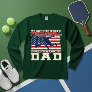 Green long-sleeve shirt with pickleball design and text on a green and blue background