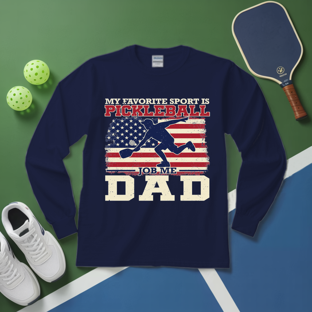 Navy blue sweatshirt with pickleball-themed design on a green and blue background with pickleball equipment.