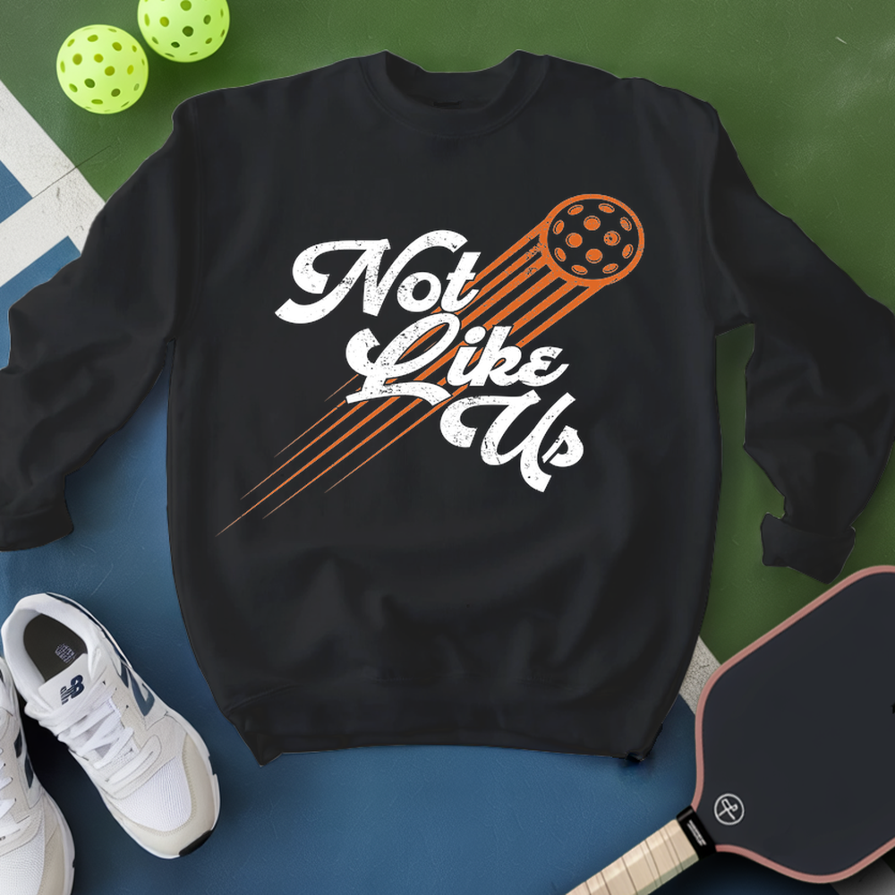 Black sweatshirt with 'Not Like Us' text and pickleball paddle graphic, surrounded by pickleballs and a paddle on a green and blue background.