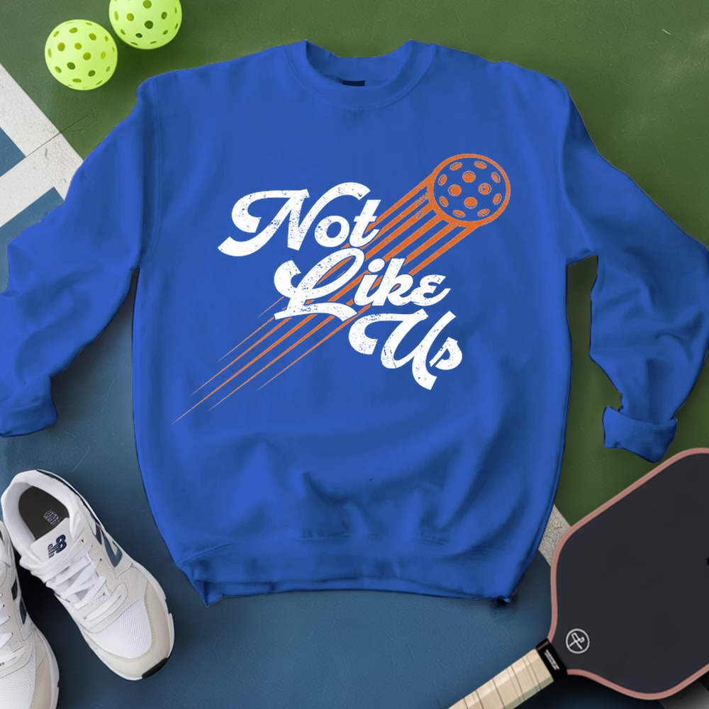 Blue sweatshirt with 'Not Like Us' text and pickleball elements on a green surface.