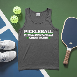Gray tank top with pickleball text, pickleballs, and paddle on a green and blue surface