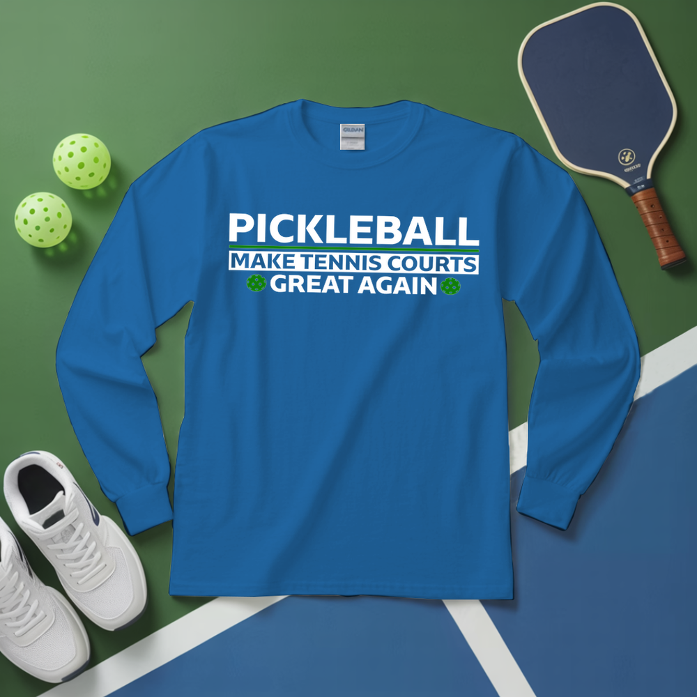 Blue long-sleeve shirt with pickleball text on a green and blue background with pickleball equipment.