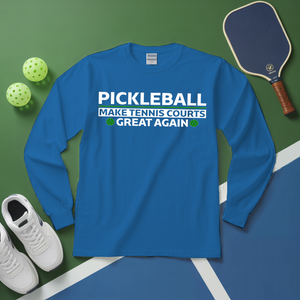 Blue long-sleeve shirt with pickleball text on a green and blue background with pickleball equipment.