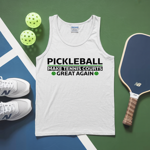 White tank top with pickleball text, pickleballs, and paddle on a green and blue background