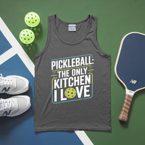 Gray tank top with pickleball-themed text, pickleballs, and paddle on a green and blue surface