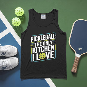 Black tank top with pickleball-themed text, pickleballs, and paddle on a green and blue background