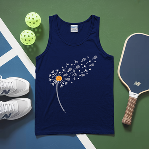 Navy tank top with dandelion design on a green and blue surface with pickleballs and a paddle.