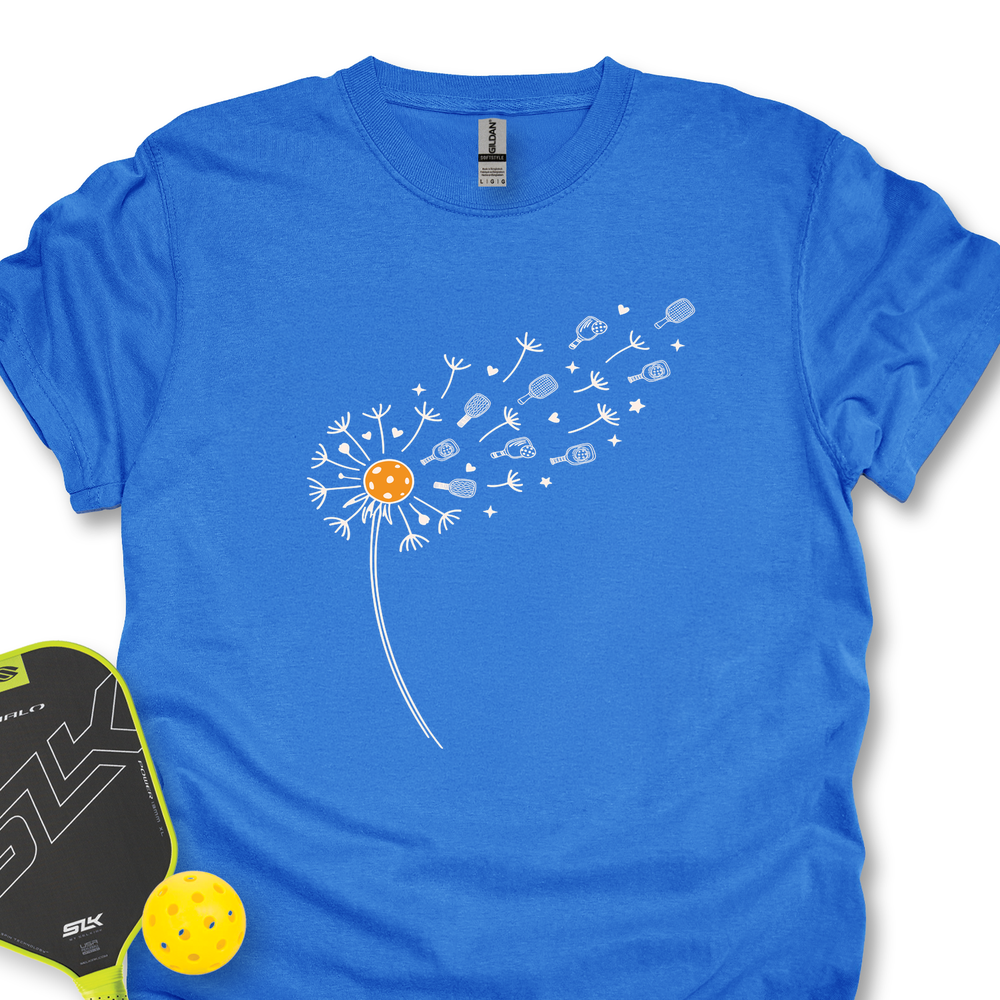 Blue t-shirt with a white dandelion graphic on a white background
