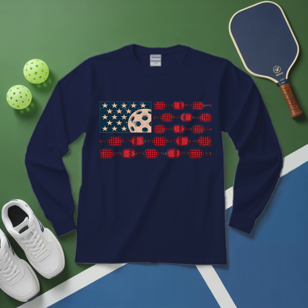Navy blue sweatshirt with pickleball design on a green and blue background