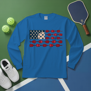 Blue long-sleeve shirt with pickleball design on a green and blue background