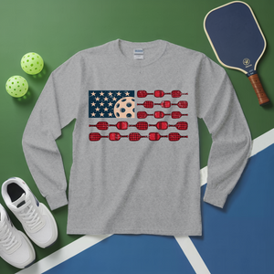 Gray long-sleeve shirt with pickleball design on a green and blue background
