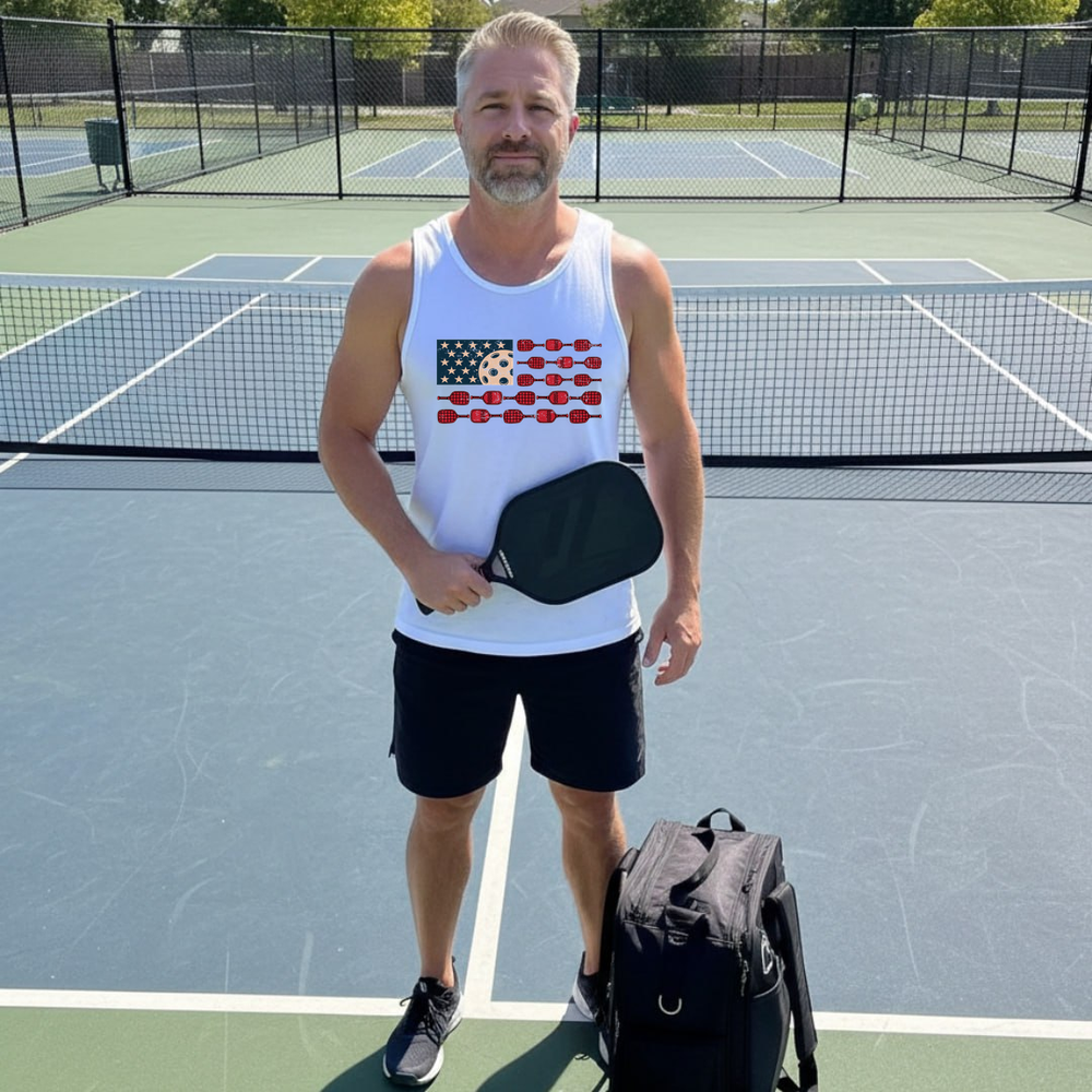 Man standing on a pickleball court holding a paddle and wearing a tank top with an American flag design.