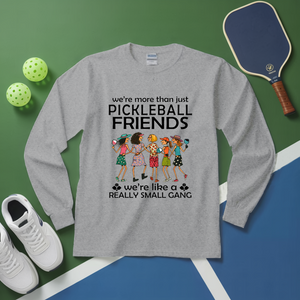 Gray long-sleeve shirt with pickleball-themed design on a green and blue background with pickleballs and a paddle.