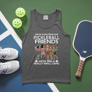 Gray tank top with pickleball-themed design on a green and blue surface with pickleballs and a paddle.