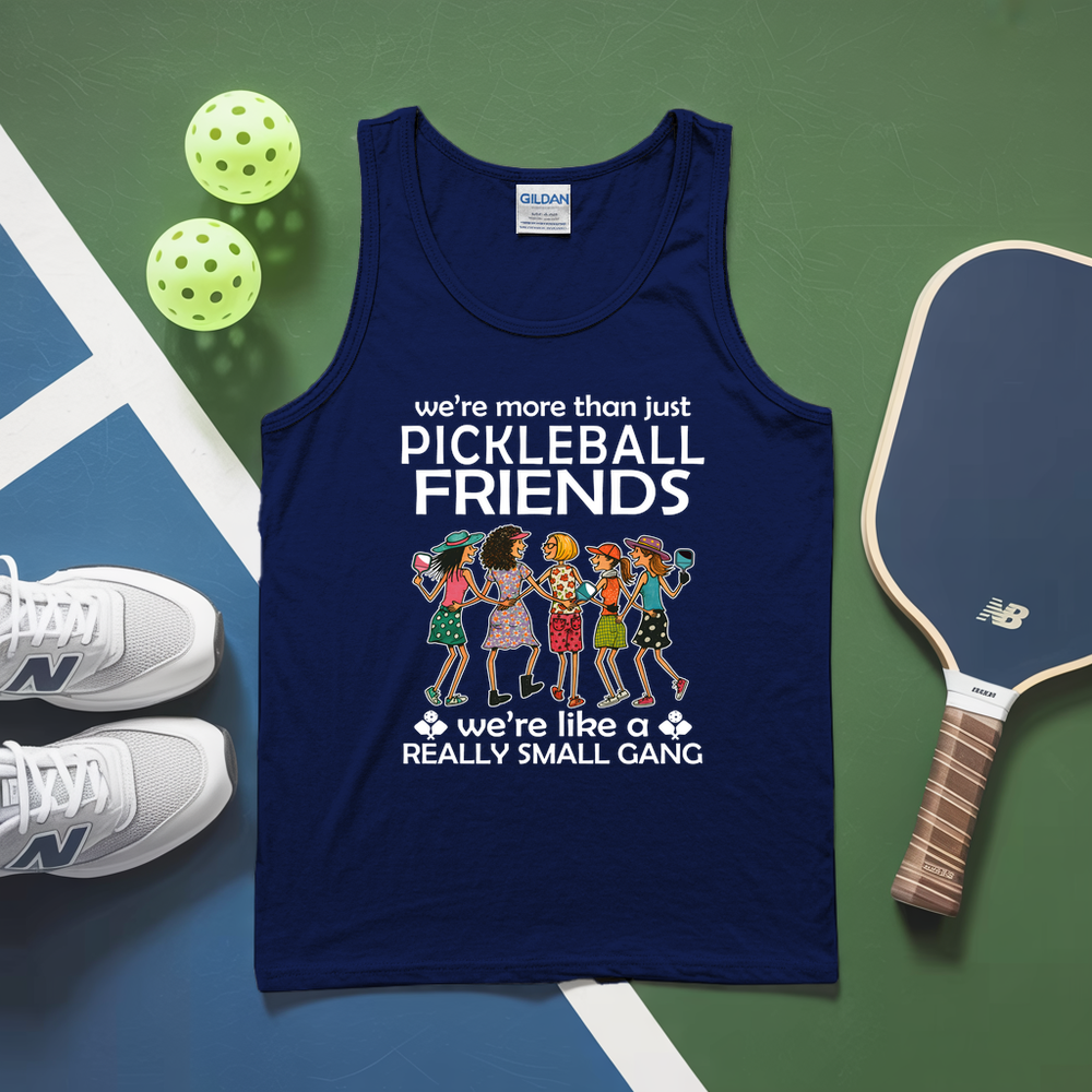 Navy tank top with pickleball-themed design on a green and blue background with pickleballs and a paddle.