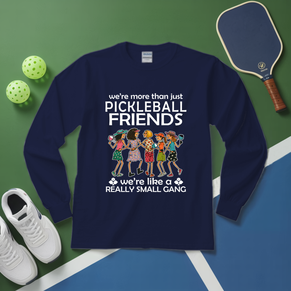 Navy blue sweatshirt with pickleball-themed design on a green and blue background with pickleballs and a paddle.