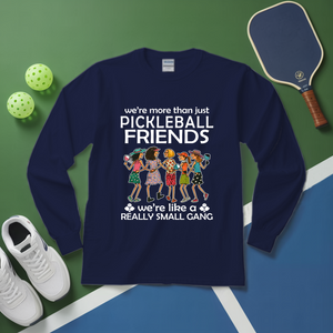 Navy blue sweatshirt with pickleball-themed design on a green and blue background with pickleballs and a paddle.