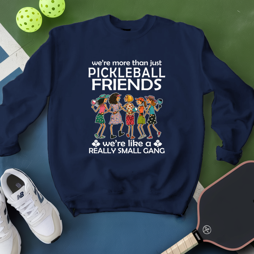 Navy blue sweatshirt with pickleball-themed design on a green and blue background