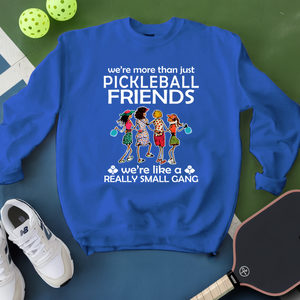 Blue sweatshirt with pickleball-themed design on a green surface with pickleballs and shoes.