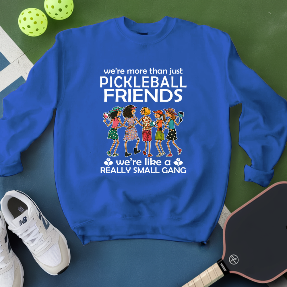 Blue sweatshirt with pickleball-themed design on a green surface with pickleballs and a paddle.