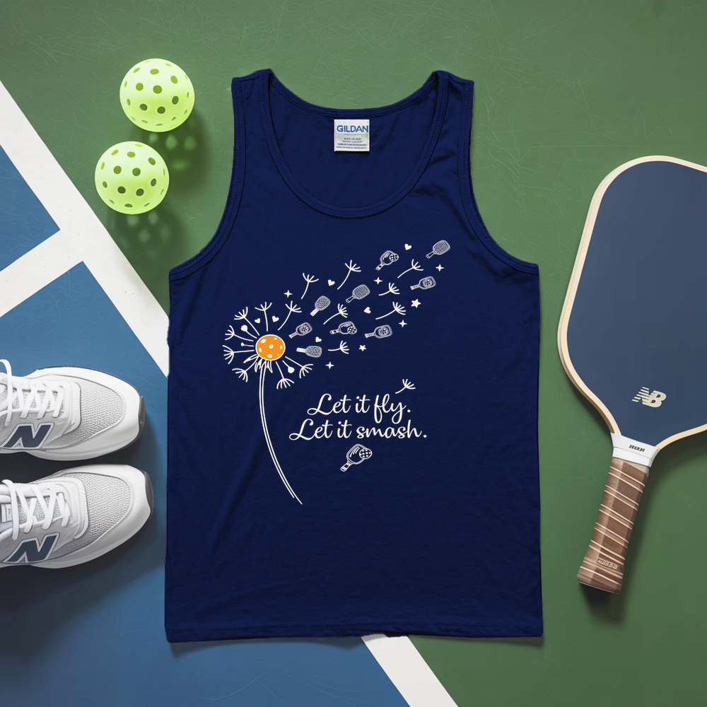 Navy tank top with dandelion design and text, placed on a green and blue surface with sports equipment.