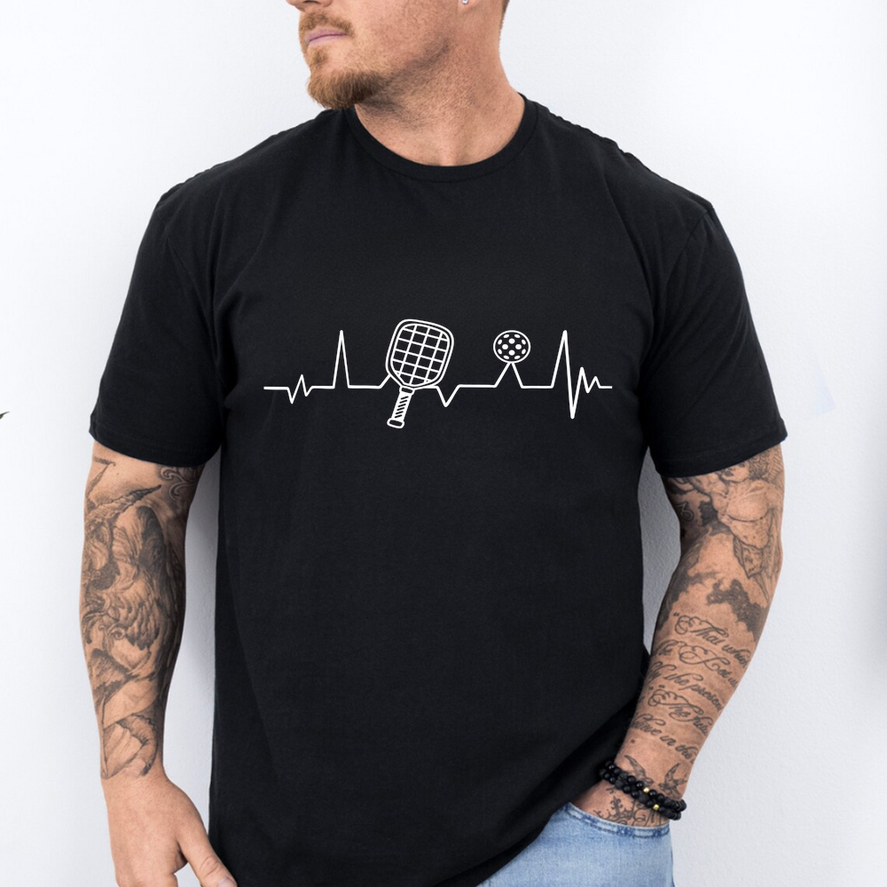 Man wearing a black t-shirt with a heart rate monitor design featuring a badminton racket and shuttlecock on a white background.