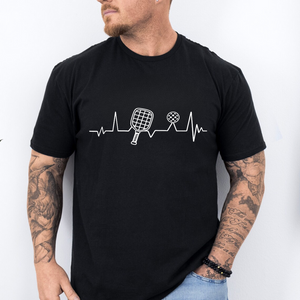 Man wearing a black t-shirt with a heart rate monitor design featuring a badminton racket and shuttlecock on a white background.