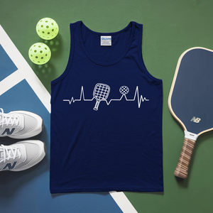 Navy tank top with pickleball design on a green and blue surface with pickleballs and paddle.