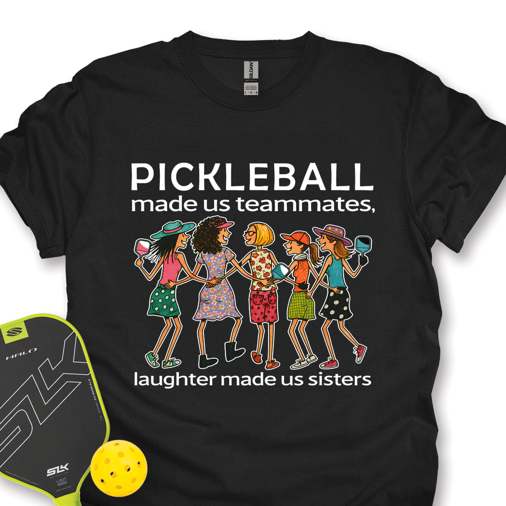 Black t-shirt with pickleball-themed design and paddle and ball on a white background